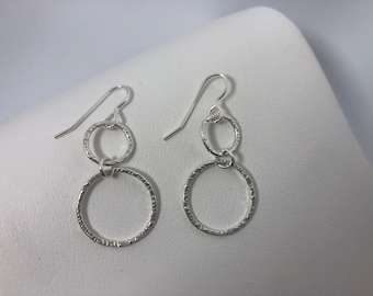 Silver 925 Circle Earrings, Circle Drop Earrings, Hammered Dangly Hoop Earrings, Recycled Silver Earrings, Gift for Her, Gift for Wife