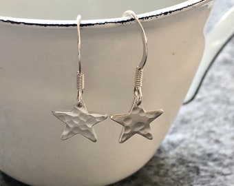 Sterling Silver Star Earrings, Shiny Celestial Earrings, Hammered Stars, Dainty Dangle Drop Earrings, Recycled Silver Jewellery,Gift for Her