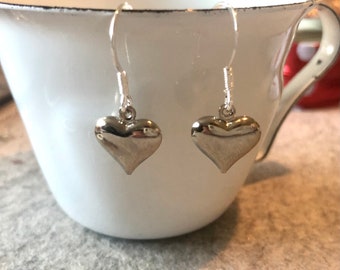 Silver Plate Puffed Heart Earrings, Dainty Dangly Heart Earrings, Sterling Silver Wire Hooks, Gift for Her, Gift for Wife, Girlfriend