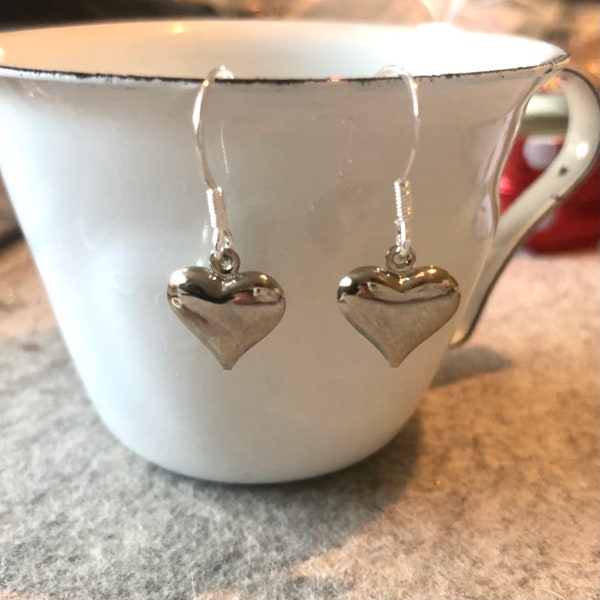 Silver Plate Puffed Heart Earrings, Dainty Dangly Heart Earrings, Sterling Silver Wire Hooks, Gift for Her, Gift for Wife, Girlfriend