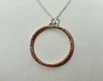 Copper Necklace, Round Hammered Copper Pendant, Rustic Shiny Copper, Recycled Silver, Textured Necklet, Gift for Her, Gift for Wife