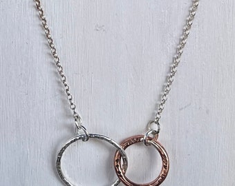 Copper Necklace, Circles of Light Necklet, Silver 925 & Copper Links Pendant, 7th Anniversary gift, gift for Her, Wife