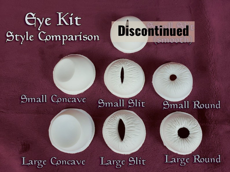 Puede incluir: Una comparaci&oacute;n de diferentes estilos de ojos para un kit de mu&ntilde;ecas. Los estilos incluyen c&oacute;ncavo, hendidura y redondo, en tama&ntilde;os peque&ntilde;os y grandes. El estilo hendidura peque&ntilde;o est&aacute; descontinuado.