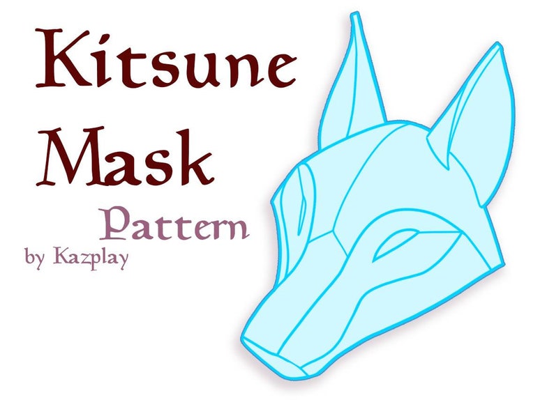 Puede incluir: Una ilustraci&oacute;n digital de un patr&oacute;n de m&aacute;scara Kitsune con una forma de cabeza de zorro delineada en azul claro. El texto Kitsune Mask Pattern by Kazplay est&aacute; escrito en letras de color rojo oscuro y morado en el lado izquierdo del dise&ntilde;o.