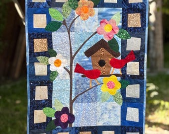 Bird House and Flowers Quilted Wall Hanging