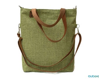 Olive Green Shoulder Bag With Camel Genuine Leather Straps