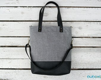 Zwart grijs handtas, lederen riemen, schoudertas, Messenger Bag, Foldover, Convertible, Canvas, stof