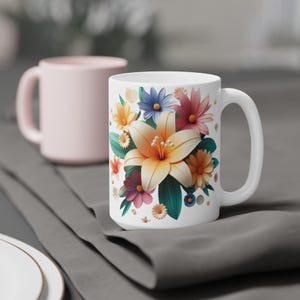 Bright Floral Ceramic Mug - Colorful Flower Coffee Cup, Tea Mug, Gift for Mom, Mother's Day Present, Kitchen Decor