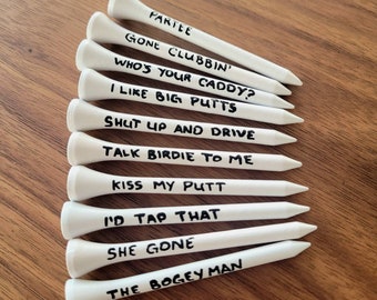 10 tees de golf en bois peints à la main de 3 1/4 po. PERSONNALISÉS - Vous choisissez l'écriture !