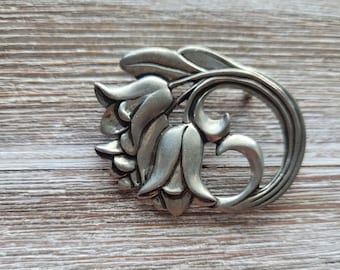 Vintage Seagull Pewter Floral Brooch, 1987 Costume Jewelry