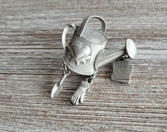 Vintage Pewter Watering Can Brooch, Garden Lover Gift