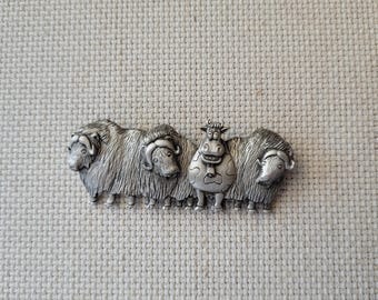 Vintage JJ Pewter Sheep Brooch, Whimsical Jonette Jewelry Animal Pin