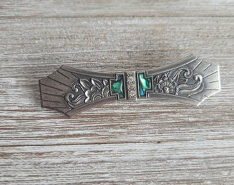 Vintage brooch, mother of pearl, rhinestones, pewter brooch, vintage jewelry, abalone, inlay, metal work, vintage pewter brooch, bridal