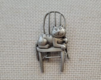 Vintage JJ pewter brooch, cat sitting on chair, whimsical brooch, Jonette Jewelry, collectible