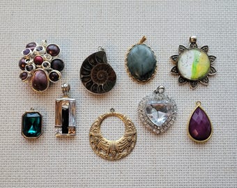 Mixed Pendant Lot, Vintage Modern Jewelry Charms, Gemstone, Fossil, Resin