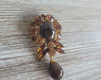Vintage Austrian Crystal Brooch, Brown Dangle, Tiger's Eye Style Stone