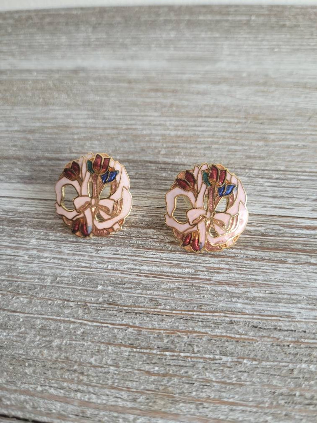 Boucles D'oreilles Clips Vintage Fleur En émail Cloisonné – Bijou Ancien Sans Marque