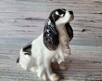 Vintage Hand Painted Dog Figurine, USSR 1970s, Black and White Decor