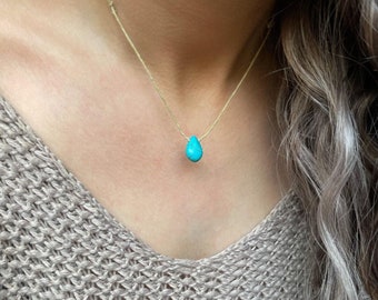 Turquoise Drop Brown Cord Necklace, Blue Stone Necklace, Turquoise Teardrop Choker, Minimal Boho Necklace, Everyday Hippie Jewelry