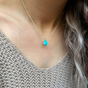 Turquoise Drop Brown Cord Necklace, Blue Stone Necklace, Turquoise Teardrop Choker, Minimal Boho Necklace, Everyday Hippie Jewelry