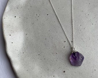 Raw Amethyst Necklace, Sterling Silver Amethyst Gemstone Necklace, Everyday Gemstone Charm Necklace, Minimalist Boho Necklace, 925 Amethyst