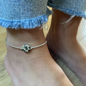 Boho Natural Dalmatian Jasper Anklet, Leopard Print Anklet, Brown Bead Anklet, Minimal Anklet, Quirky Anklet, Gemstone Anklet, Hippie Anklet