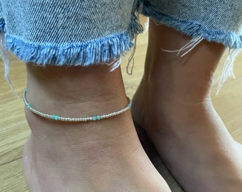 Natural Amazonite Anklet, Blue Stone Anklet, Something Blue Boho Anklet, Everyday Anklet, Silver Anklet, Coastal Fashion Boho Ankle Bracelet