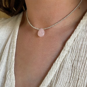 Rose Quartz Necklace, Natural Rose Quartz Drop, Beaded Rose Quartz Teardrop Choker, Gemstone, Gift for Girl, Boho Hippie Jewellery