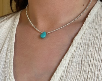 Turquoise Necklace, Turquoise Howlite Drop, Blue Stone, Turquoise Beaded Teardrop Choker, Gift for Girl, Beach, Coastal Jewellery