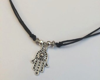 Silver Alloy Hamsa Khamsa Hand Eye Pendant Braided Brown Leather Choker Necklace Silver Alloy Hamsa Khamsa Hand Eye Pendant Braided Brown Leather Choker Necklace