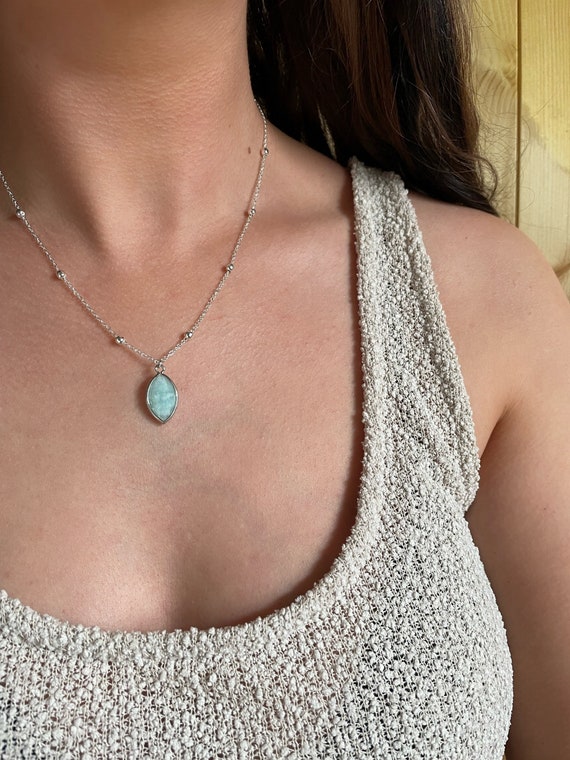 Natural Amazonite Charm Necklace, Amazonite Oval Gemstone Necklace, Silver Amazonite Jewellery, Pale Blue Stone Necklace, Ocean Lover Gift