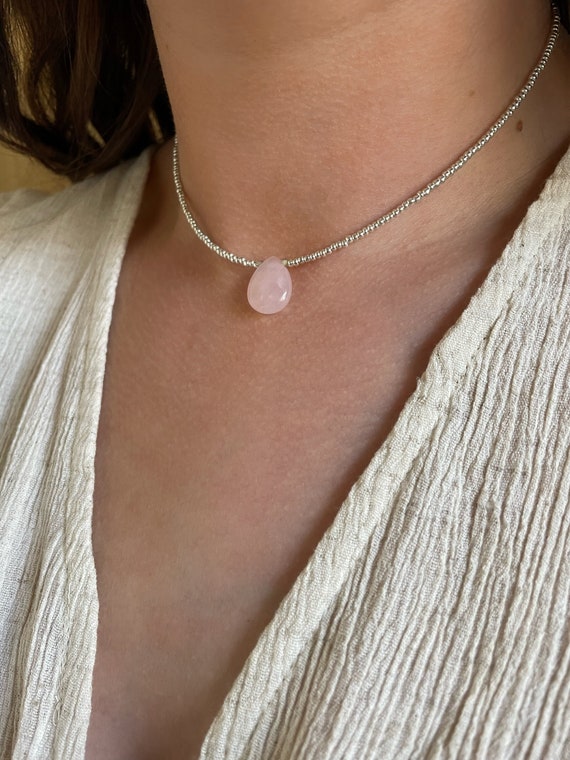 Rose Quartz Necklace, Natural Rose Quartz Drop, Beaded Rose Quartz Teardrop Choker, Gemstone, Gift for Girl, Boho Hippie Jewellery