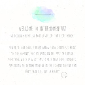 May include: White background with text: "WELCOME TO INTHEMOMENTUK!" and "WE DESIGN MINIMALIST BOHO JEWELLERY FOR EVERY MOMENT." A watercolor design in blue and green is at the top. The text also says "IN THE MOMENT".