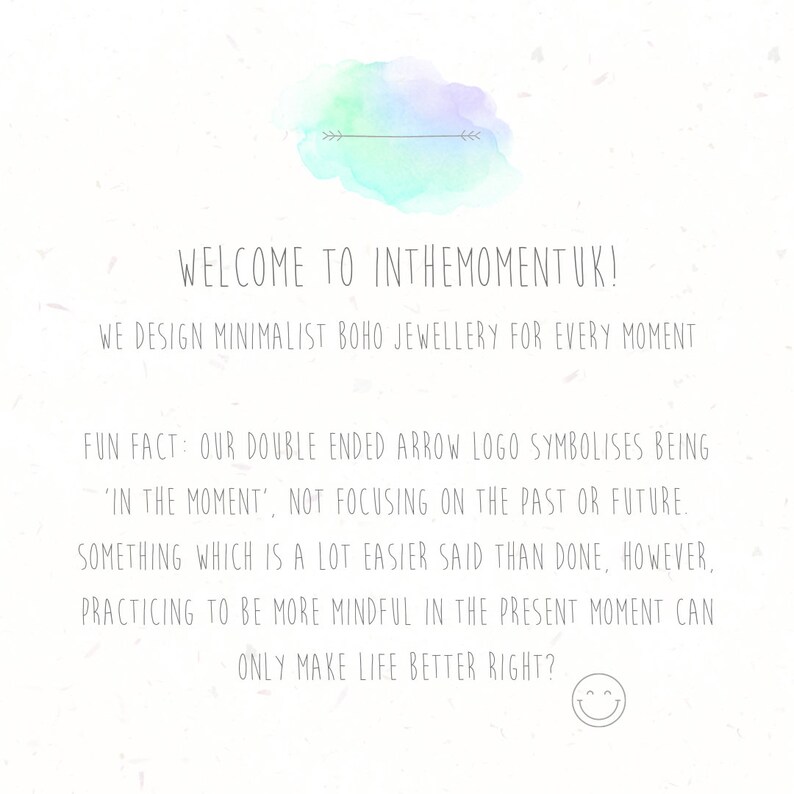 May include: White background with text: "WELCOME TO INTHEMOMENTUK!" and "WE DESIGN MINIMALIST BOHO JEWELLERY FOR EVERY MOMENT." A watercolor design in blue and green is at the top. The text also says "IN THE MOMENT".