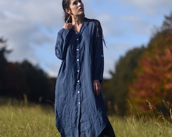 Abito camicia di lino per donne, abito camicia di lino, abito di lino da donna, moda lenta, moda organica, Naturale, Fatto a mano, 100% puro lino