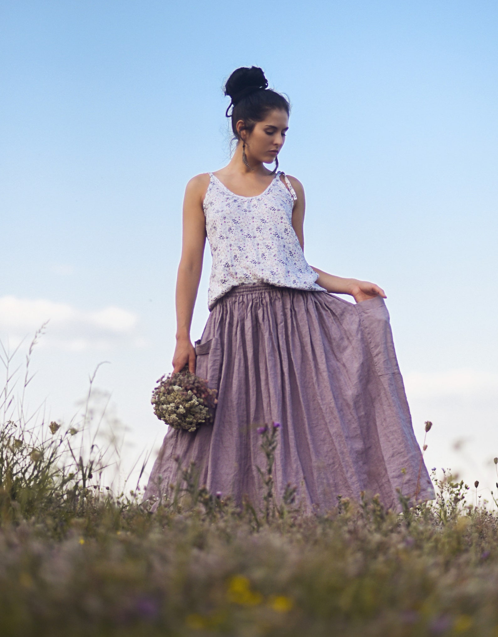 Pure Women Color 100%Linen Skirt Summer