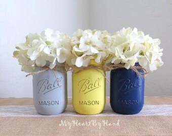 Mason Jar Home Decor Rustic Navy Blue Yellow Gray Bathroom Kitchen Baby Shower Centerpieces Painted Jars