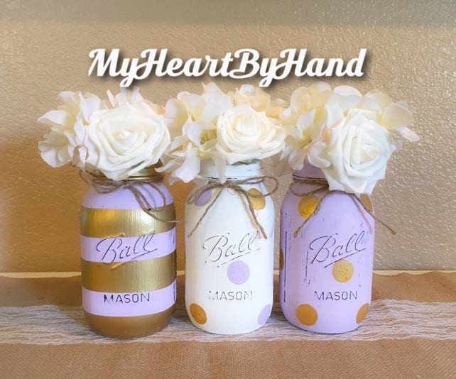 Lavender And Gold Mason Jar Centerpieces Distressed Painted Mason
