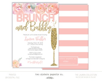 Floral Brunch and Bubbly Bridal Shower Invitation - LAUREN Collection - Brunch & Bubbly Invitation - Glitter Brunch and Bubbly Invitation