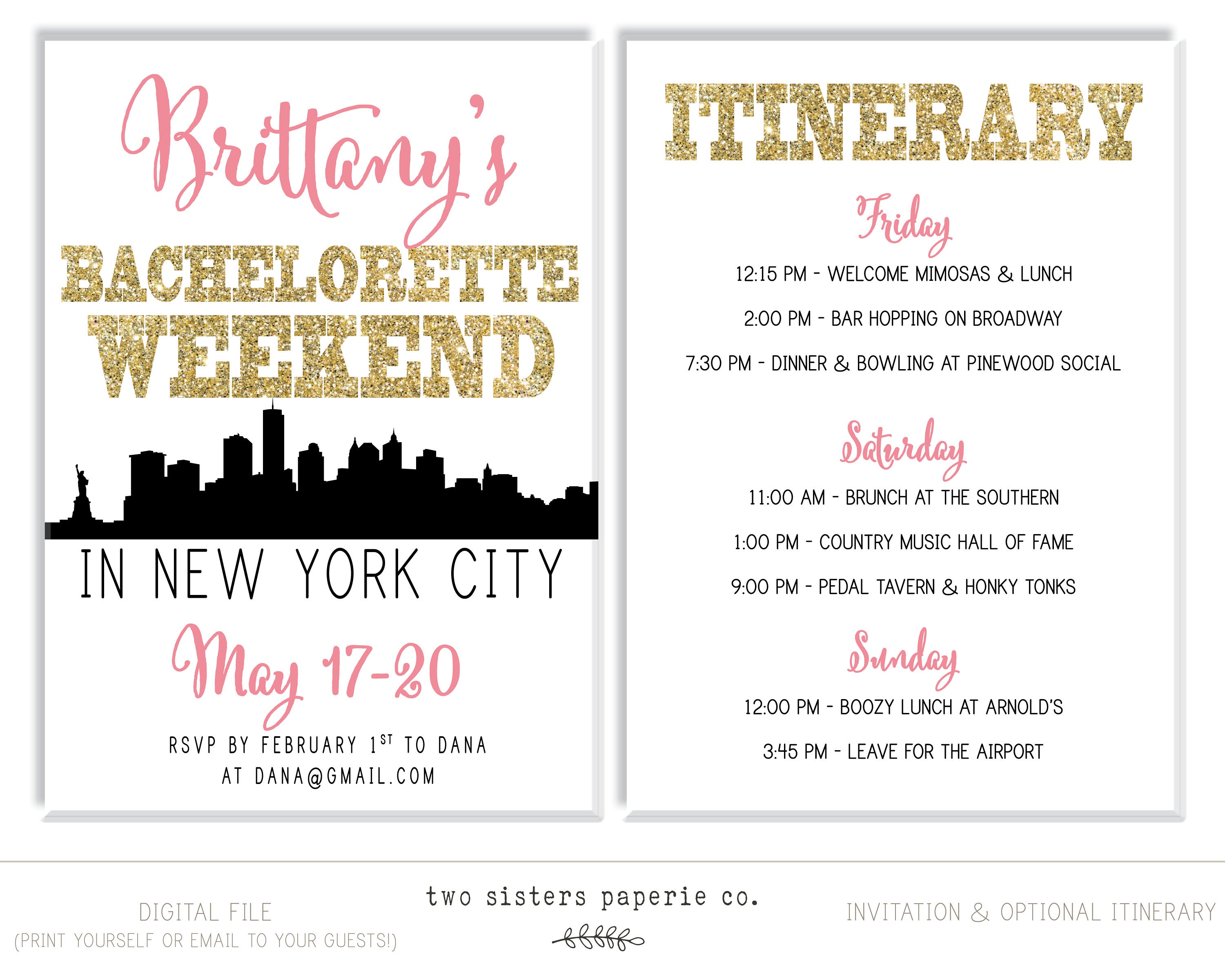New York City Bachelorette Party Invitation & Itinerary NEW Etsy