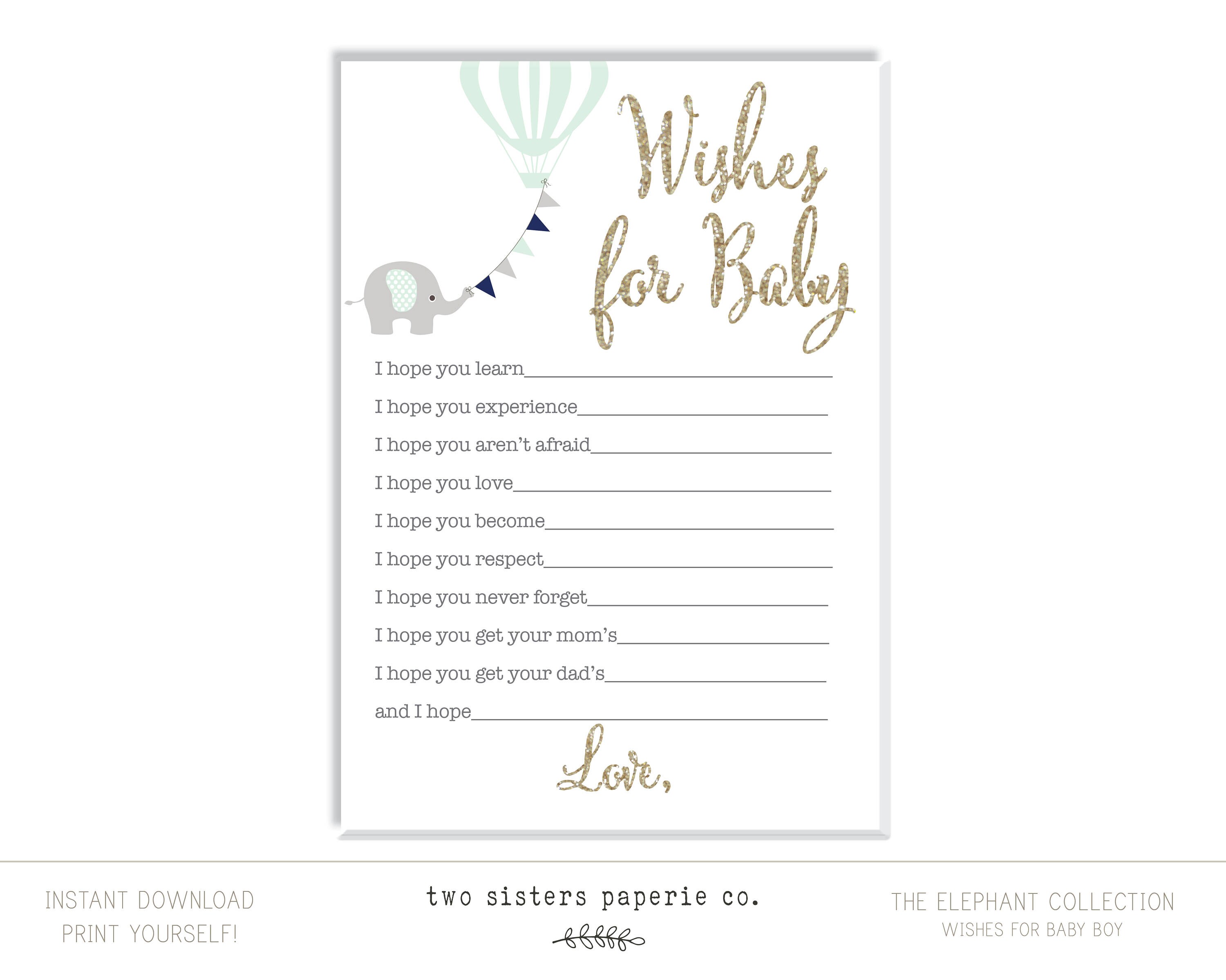 Wishes for Baby Card It's a Boy Baby Shower Elephant Etsy