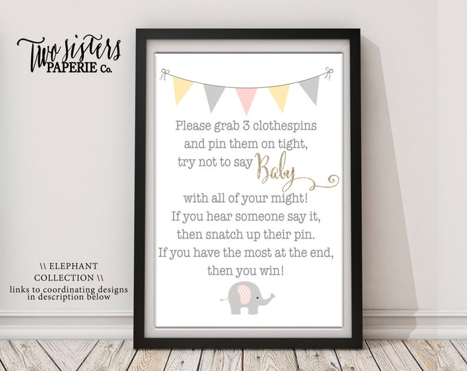 Don't Say Baby Sign Girl Elephant Baby Shower Don't Say Baby Game ...
