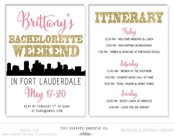 fort lauderdale bachelorette party invitation and itinerary etsy