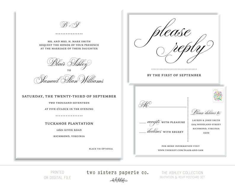 Invitation /& RSVP ASHLEY Collection Formal Script Wedding Invitation and RSVP Postcard 2 Piece Set Wedding Invitation Suite