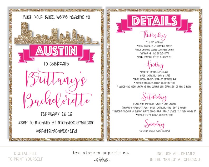 Austin Bachelorette Party Glitter Invitation and Itinerary Etsy