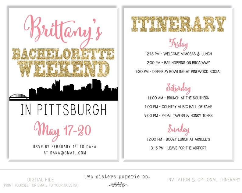 Pittsburgh Bachelorette Invitation PITTSBURGH Bachelorette Party Invitation and Itinerary Pittsburgh Itinerary Printable Invitation