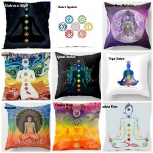 May include: Collection of decorative throw pillows featuring chakra-themed designs. Pillows display images of the human form with chakra symbols and text such as "Chakras at Night", "Chakra Symbols", and "Namaste". Designs include colorful illustrations and silhouettes.