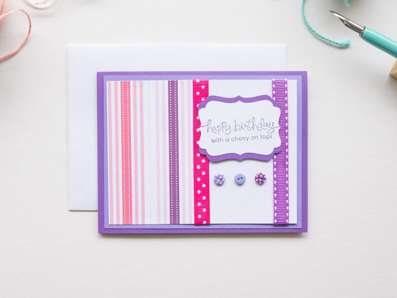 Purple Stripe Birthday Card, Handmade Greeting Cards image 1