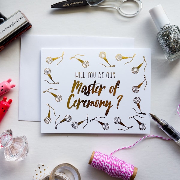 Will You Be Our MC - Master of Ceremony - gold foil bridal party greeting card