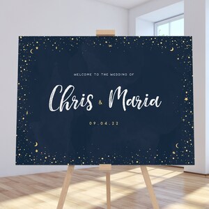 Celestial Welcome Sign, Foamex Board, Starry Night, Sky, Written in the Stars, Constellation, Navy & Gold, Shooting Stars, Wedding